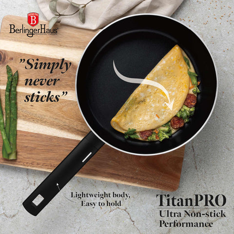 Product image of Flip frypan 26cm. Part of the Matte Black Collection . Features: • Material: stamp aluminum with non-stick titanPro coating • Flip frypan Ø26 cm 2,8L • Color: black- silver REGISTERED DESIGN BY BERLINGER HAUS!. (Studio view). Official Berlinger Haus product, boosted by Promintra sl.