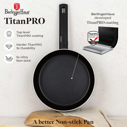 Product image of Flip frypan 26cm. Part of the Matte Black Collection . Features: • Material: stamp aluminum with non-stick titanPro coating • Flip frypan Ø26 cm 2,8L • Color: black- silver REGISTERED DESIGN BY BERLINGER HAUS!. (Studio view). Official Berlinger Haus product, boosted by Promintra sl.