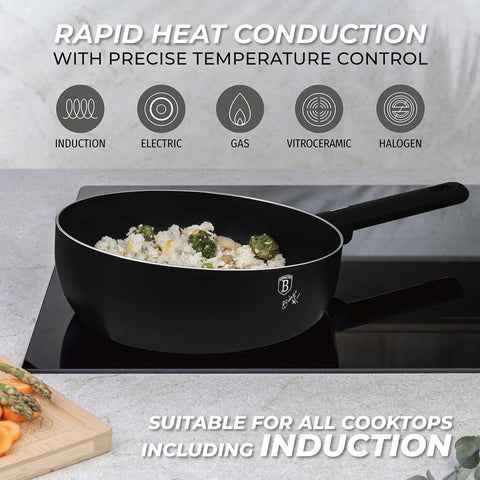Product image of Flip frypan 26cm. Part of the Matte Black Collection . Features: • Material: stamp aluminum with non-stick titanPro coating • Flip frypan Ø26 cm 2,8L • Color: black- silver REGISTERED DESIGN BY BERLINGER HAUS!. (Studio view). Official Berlinger Haus product, boosted by Promintra sl.