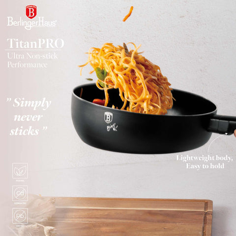 Product image of Flip frypan 26cm. Part of the Matte Black Collection . Features: • Material: stamp aluminum with non-stick titanPro coating • Flip frypan Ø26 cm 2,8L • Color: black- silver REGISTERED DESIGN BY BERLINGER HAUS!. (Studio view). Official Berlinger Haus product, boosted by Promintra sl.