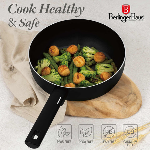Product image of Flip frypan 26cm. Part of the Matte Black Collection . Features: • Material: stamp aluminum with non-stick titanPro coating • Flip frypan Ø26 cm 2,8L • Color: black- silver REGISTERED DESIGN BY BERLINGER HAUS!. (Studio view). Official Berlinger Haus product, boosted by Promintra sl.