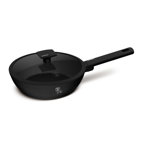Product image of Deep frypan with lid 24cm. Part of the Matte Black Collection . Features: • Material: forged aluminum with non-stick titanPro coating • Deep frypan with lid Ø24*6,5 cm 2,3L • Color: black- silver REGISTERED DESIGN BY BERL.... (Studio view). Official Berlinger Haus product, boosted by Promintra sl.