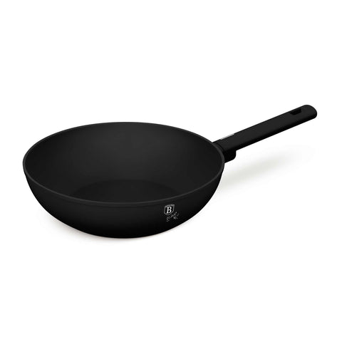 Product image of Wok 28cm. Part of the Matte Black Collection . Features: • Material: forged aluminum with non-stick titanPro coating • Wok Ø28*7,4 cm 3,2L • Color: black- silver REGISTERED DESIGN BY BERLINGER HAUS!. (Studio view). Official Berlinger Haus product, boosted by Promintra sl.