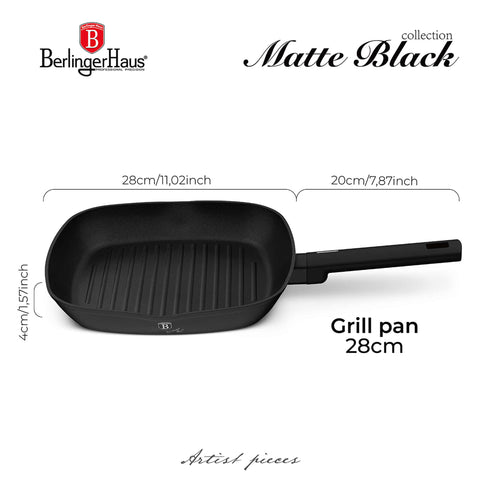 Product image of Grill pan 28cm. Part of the Matte Black Collection . Features: • Material: forged aluminum with non-stick titanPro coating • Grill pan Ø28*4,1 cm 2,1L • Color: black- silver REGISTERED DESIGN BY BERLINGER HAUS!. (Studio view). Official Berlinger Haus product, boosted by Promintra sl.