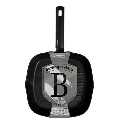 Product image of Grill pan 28cm. Part of the Matte Black Collection . Features: • Material: forged aluminum with non-stick titanPro coating • Grill pan Ø28*4,1 cm 2,1L • Color: black- silver REGISTERED DESIGN BY BERLINGER HAUS!. (Studio view). Official Berlinger Haus product, boosted by Promintra sl.