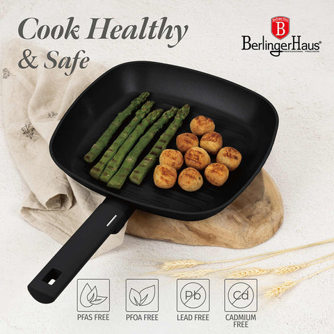 Product image of Grill pan 28cm. Part of the Matte Black Collection . Features: • Material: forged aluminum with non-stick titanPro coating • Grill pan Ø28*4,1 cm 2,1L • Color: black- silver REGISTERED DESIGN BY BERLINGER HAUS!. (Studio view). Official Berlinger Haus product, boosted by Promintra sl.