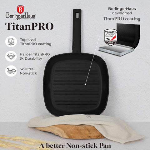 Product image of Grill pan 28cm. Part of the Matte Black Collection . Features: • Material: forged aluminum with non-stick titanPro coating • Grill pan Ø28*4,1 cm 2,1L • Color: black- silver REGISTERED DESIGN BY BERLINGER HAUS!. (Studio view). Official Berlinger Haus product, boosted by Promintra sl.