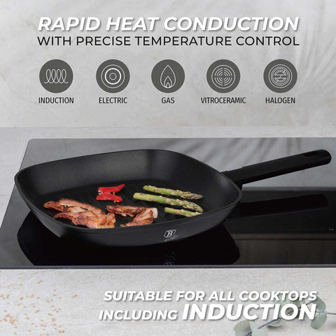 Product image of Grill pan 28cm. Part of the Matte Black Collection . Features: • Material: forged aluminum with non-stick titanPro coating • Grill pan Ø28*4,1 cm 2,1L • Color: black- silver REGISTERED DESIGN BY BERLINGER HAUS!. (Studio view). Official Berlinger Haus product, boosted by Promintra sl.