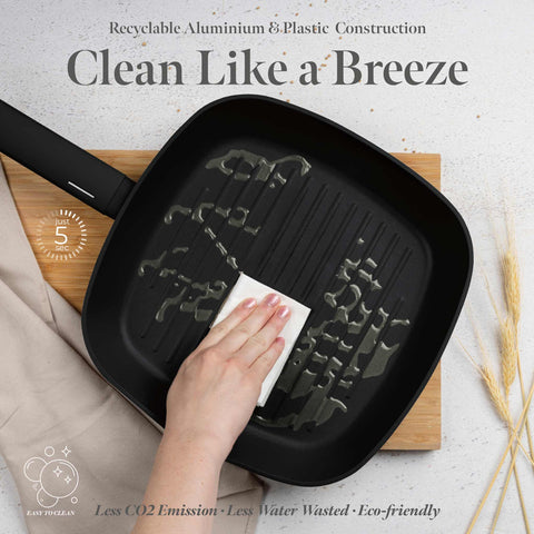 Product image of Grill pan 28cm. Part of the Matte Black Collection . Features: • Material: forged aluminum with non-stick titanPro coating • Grill pan Ø28*4,1 cm 2,1L • Color: black- silver REGISTERED DESIGN BY BERLINGER HAUS!. (Studio view). Official Berlinger Haus product, boosted by Promintra sl.