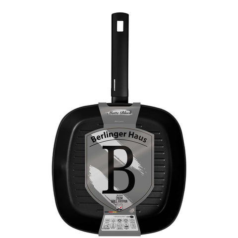 Product image of Grill pan 28cm. Part of the Matte Black Collection . Features: • Material: forged aluminum with non-stick titanPro coating • Grill pan Ø28*4,1 cm 2,1L • Color: black- silver REGISTERED DESIGN BY BERLINGER HAUS!. (Studio view). Official Berlinger Haus product, boosted by Promintra sl.
