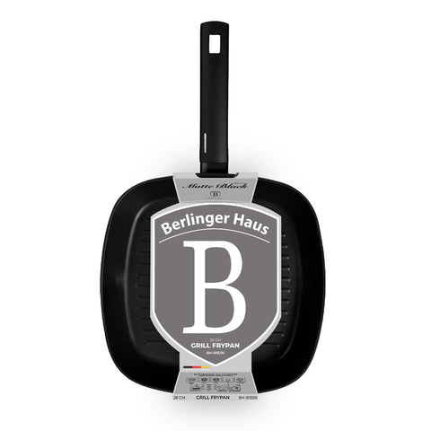 Product image of Grill pan 28cm. Part of the Matte Black Collection . Features: • Material: forged aluminum with non-stick titanPro coating • Grill pan Ø28*4,1 cm 2,1L • Color: black- silver REGISTERED DESIGN BY BERLINGER HAUS!. (Studio view). Official Berlinger Haus product, boosted by Promintra sl.