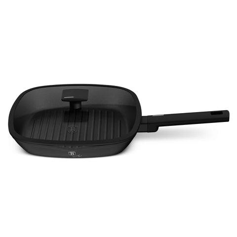 Product image of Grill pan with lid 28cm. Part of the Matte Black Collection . Features: • Material: forged aluminum with non-stick titanPro coating • Grill pan with lid Ø28*4,1 cm 2,1L • Color: black- silver REGISTERED DESIGN BY BERLIN.... (Studio view). Official Berlinger Haus product, boosted by Promintra sl.