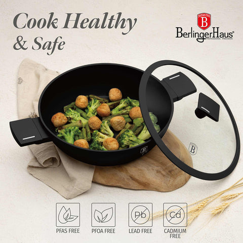 BH/8185, Olla baja con tapa de 28 cm, negra y plateada, olla baja de 28 cm, olla baja, olla baja con tapa, olla, batería de cocina, cocina, Berlinger Haus, Promintra, caja de regalo, conceptual, estilo de vida