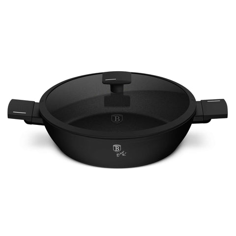 Product image of Shallow pot with lid 30cm. Part of the Matte Black Collection . Features: • Material: forged aluminum with non-stick titanPro coating • Shallow pot with lid Ø30*8 cm 4,5L • Color: black- silver REGISTERED DESIGN BY BERLIN.... (Studio view). Official Berlinger Haus product, boosted by Promintra sl.