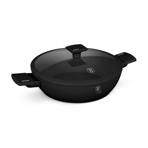 Product image of Shallow pot with lid 30cm. Part of the Matte Black Collection . Features: • Material: forged aluminum with non-stick titanPro coating • Shallow pot with lid Ø30*8 cm 4,5L • Color: black- silver REGISTERED DESIGN BY BERLIN.... (Studio view). Official Berlinger Haus product, boosted by Promintra sl.