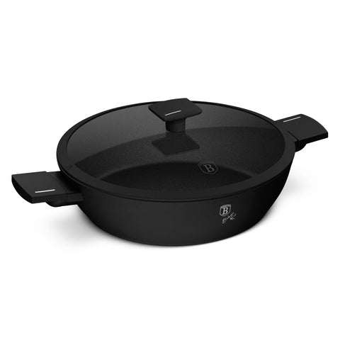 Product image of Shallow pot with lid 30cm. Part of the Matte Black Collection . Features: • Material: forged aluminum with non-stick titanPro coating • Shallow pot with lid Ø30*8 cm 4,5L • Color: black- silver REGISTERED DESIGN BY BERLIN.... (Studio view). Official Berlinger Haus product, boosted by Promintra sl.