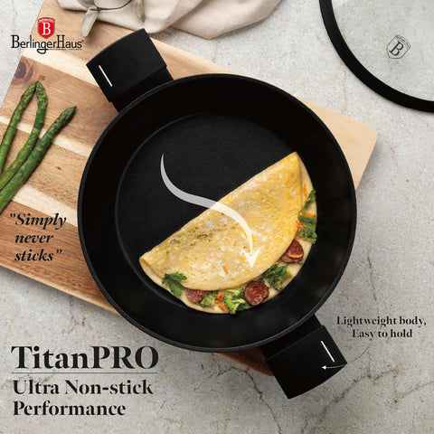 Product image of Shallow pot with lid 30cm. Part of the Matte Black Collection . Features: • Material: forged aluminum with non-stick titanPro coating • Shallow pot with lid Ø30*8 cm 4,5L • Color: black- silver REGISTERED DESIGN BY BERLIN.... (Studio view). Official Berlinger Haus product, boosted by Promintra sl.