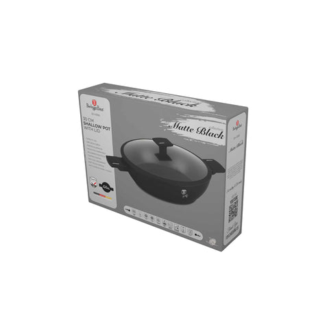 Product image of Shallow pot with lid 30cm. Part of the Matte Black Collection . Features: • Material: forged aluminum with non-stick titanPro coating • Shallow pot with lid Ø30*8 cm 4,5L • Color: black- silver REGISTERED DESIGN BY BERLIN.... (Studio view). Official Berlinger Haus product, boosted by Promintra sl.