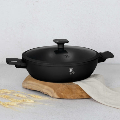 Product image of Shallow pot with lid 30cm. Part of the Matte Black Collection . Features: • Material: forged aluminum with non-stick titanPro coating • Shallow pot with lid Ø30*8 cm 4,5L • Color: black- silver REGISTERED DESIGN BY BERLIN.... (Studio view). Official Berlinger Haus product, boosted by Promintra sl.