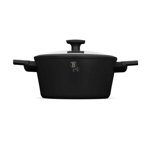 Product image of Casserole with lid 24cm. Part of the Matte Black Collection . Features: • Material: forged aluminum with non-stick titanPro coating • Casserole with lid Ø24*11,8 cm 4,1L • Color: black- silver REGISTERED DESIGN BY BERLI.... (Studio view). Official Berlinger Haus product, boosted by Promintra sl.