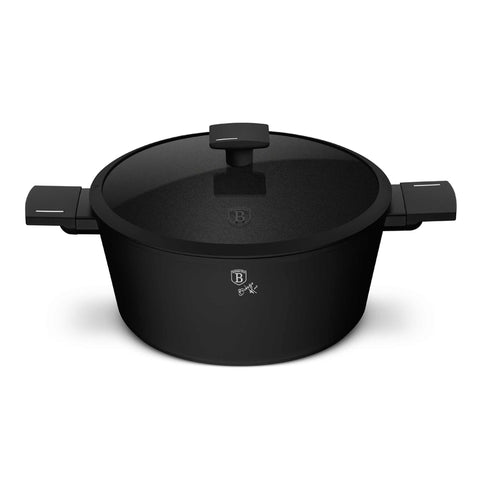 Product image of Casserole with lid 28cm. Part of the Matte Black Collection . Features: • Material: forged aluminum with non-stick titanPro coating • Casserole with lid Ø28*12,4 cm 6,1L • Color: black- silver REGISTERED DESIGN BY BERLI.... (Studio view). Official Berlinger Haus product, boosted by Promintra sl.