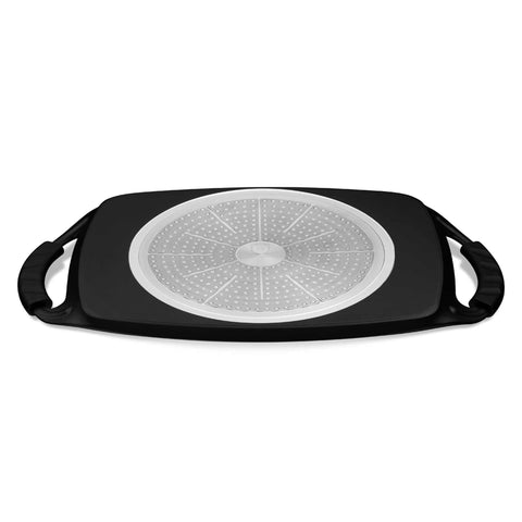 Product image of Grill plate 47cm. Part of the Matte Black Collection . Features: • Material: forged aluminum with non-stick titanPro coating • Size: 47*29 cm • Color: matt black • FREE 2 PCS HEAT RESISTANT SILICONE HANDLE. (Studio view). Official Berlinger Haus product, boosted by Promintra sl.
