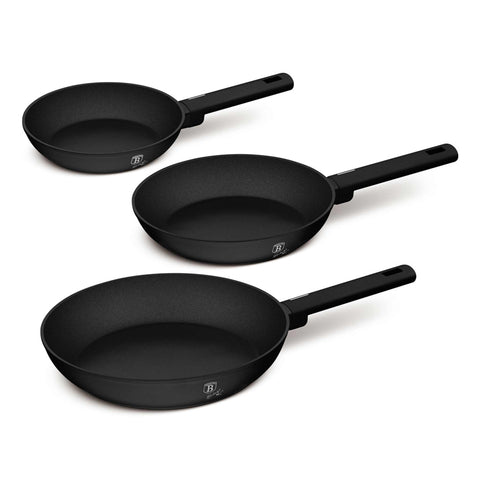 Product image of 3pcs frypan set. Part of the Matte Black Collection . Features: • Material: forged aluminum with non-stick titanPro coating • Include: • Frypan Ø20*4,5 cm 1,0L • Frypan Ø24*4,8 cm 1,7L • Frypan Ø28*5,2 cm 2,4L •.... (Studio view). Official Berlinger Haus product, boosted by Promintra sl.