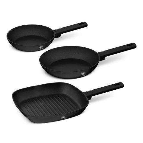 BH/8196, juego de 3 sartenes, negro, plateado, juego de 3 sartenes b., sartén, juego de sartenes, sartén, juego de sartenes, sartén para parrilla, utensilios de cocina, cocina, sartenes, juego de sartenes