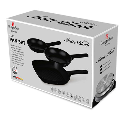 Product image of 3pcs frypan set. Part of the Matte Black Collection . Features: • Material: forged aluminum with non-stick titanPro coating • Include: • Frypan Ø20*4,2 cm 1,0L • Frypan Ø24*5 cm 1,7L • Grill pan Ø28*4,1 cm 2,1L .... (Studio view). Official Berlinger Haus product, boosted by Promintra sl.