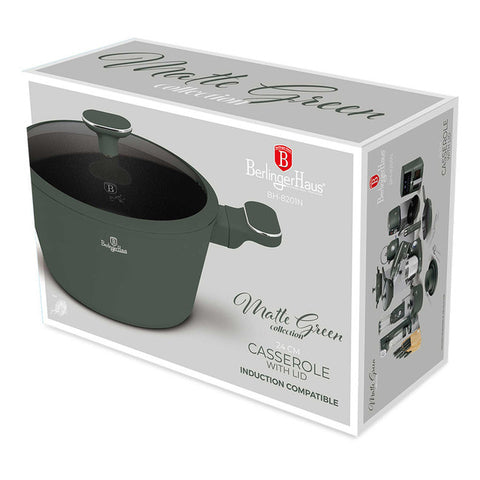 Product image of Casserole with lid 24cm. Part of the Matte Green Collection . Features: • Material: forged aluminum with non-stick titanPro coating • Casserole with lid Ø24*11,8 cm 4,1L • Color: matt green REGISTERED DESIGN BY BERLINGE.... (Studio view). Official Berlinger Haus product, boosted by Promintra sl.