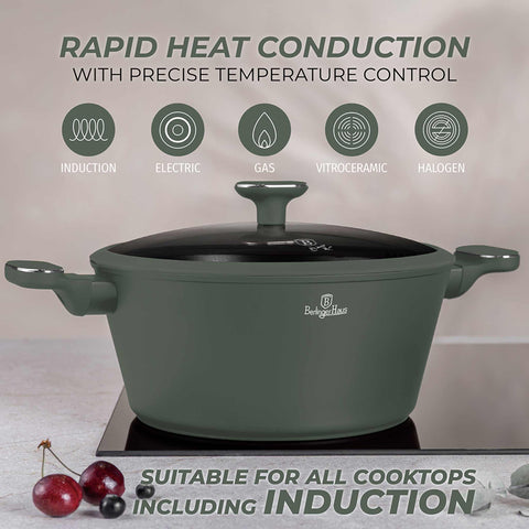 Product image of Casserole with lid 28cm. Part of the Matte Green Collection . Features: • Material: forged aluminum with non-stick titanPro coating • Casserole with lid Ø28*12,4 cm 6,1L • Color: matt green REGISTERED DESIGN BY BERLINGE.... (Studio view). Official Berlinger Haus product, boosted by Promintra sl.