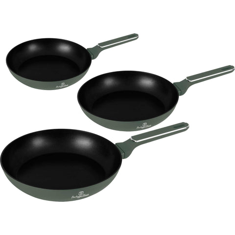 Product image of 3pcs frypan set. Part of the Matte Green Collection . Features: • Material: forged aluminum with non-stick titanPro coating • Include: • Frypan Ø20*4,5 cm 1,0L • Frypan Ø24*4,8 cm 1,7L • Frypan Ø28*5,2 cm 2,4L •.... (Studio view). Official Berlinger Haus product, boosted by Promintra sl.