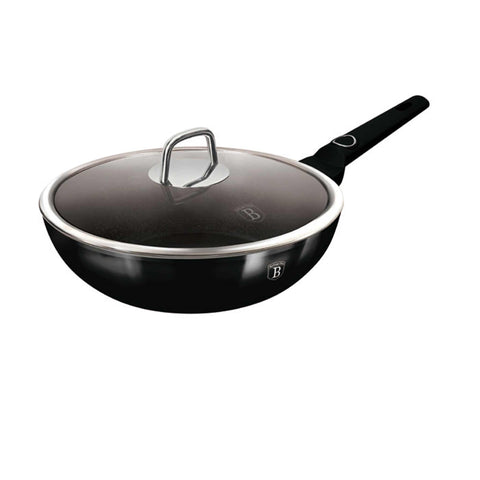 Product image of Wok with lid 28cm. Part of the Black Vantage Collection . Features: • Material: forged aluminum with non-stick titanPro coating • Wok with lid Ø28*7,4 cm 3,2L • Color: shiny black REGISTERED DESIGN BY BERLINGER HAUS!. (Studio view). Official Berlinger Haus product, boosted by Promintra sl.