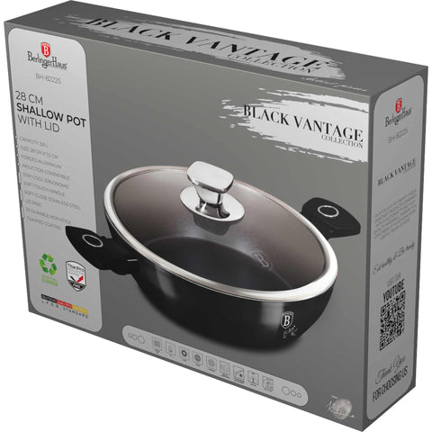 BH/8222, NUEVO, Olla baja con tapa 28cm, negro brillante, olla baja 28 cm, olla baja, olla baja con tapa, olla, batería de cocina, cocinar,Berlinger Haus, Promintra