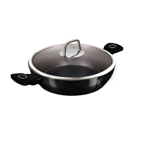 Product image of Shallow pot with lid 30cm. Part of the Black Vantage Collection . Features: • Material: forged aluminum with non-stick titanPro coating • Shallow pot with lid Ø30*8 cm 4,5L • Color: shiny black REGISTERED DESIGN BY BERLINGE.... (Studio view). Official Berlinger Haus product, boosted by Promintra sl.