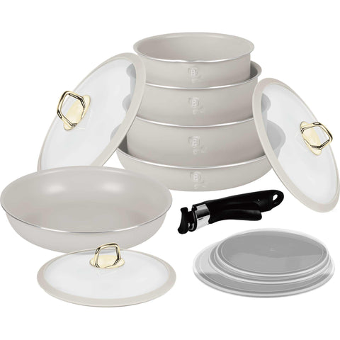 BH/8247, joc d'estris de cuina de 12 peces, crema mat, joc d'estris de cuina de 12 peces a., mànec de clic, estris de cuina intel·ligents, joc d'estris de cuina, olles i paelles, joc d'olles i paelles, cuina, joc,