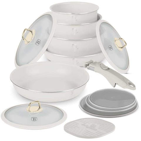BH/8247N, joc d'estris de cuina de 13 peces, crema mat, joc d'estris de cuina de 13 peces, mànec de clic, estris de cuina intel·ligents, joc d'utensilis de cuina, olles i paelles, joc d'olles i paelles de cuina, joc, clic,