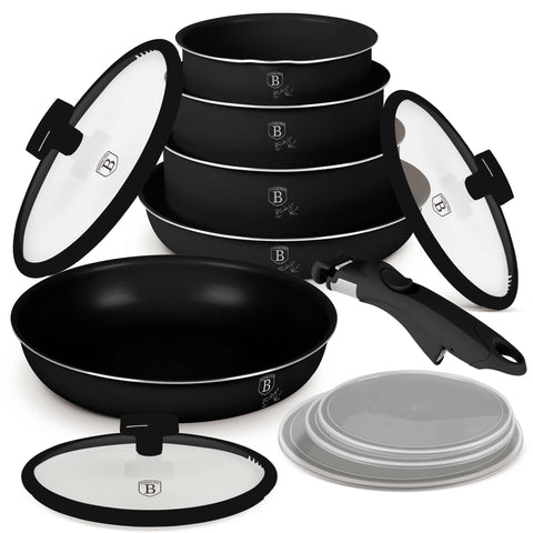 Product image of 12pcs cookware set. Part of the Matte Black Collection . Features: • Material: aluminum • Include: • STACKABLE - SPACE SAVING • Frypan Ø24*4,8 cm 1,7L • Frypan with (strainer) lid Ø28*5,2 cm 1,7 L • Sauce pan with .... (Studio view). Official Berlinger Haus product, boosted by Promintra sl.