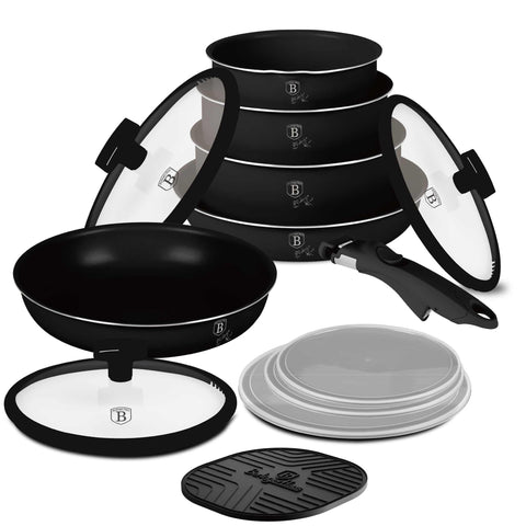 Product image of 13pcs cookware set. Part of the Monaco Collection . Features: • Material: aluminum • Include: • STACKABLE - SPACE SAVING • Frypan Ø24*4,8 cm 1,7L • Frypan with (strainer) lid Ø28*5,2 cm 1,7 L • Sauce pan with .... (Studio view). Official Berlinger Haus product, boosted by Promintra sl.