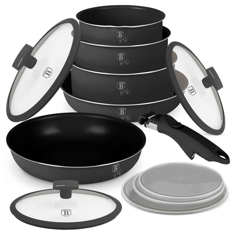 Product image of 12pcs cookware set. Part of the Anthracite Collection . Features: • Material: aluminum • Include: • STACKABLE - SPACE SAVING • Frypan Ø24*4,8 cm 1,7L • Frypan with (strainer) lid Ø28*5,2 cm 1,7 L • Sauce pan with .... (Studio view). Official Berlinger Haus product, boosted by Promintra sl.