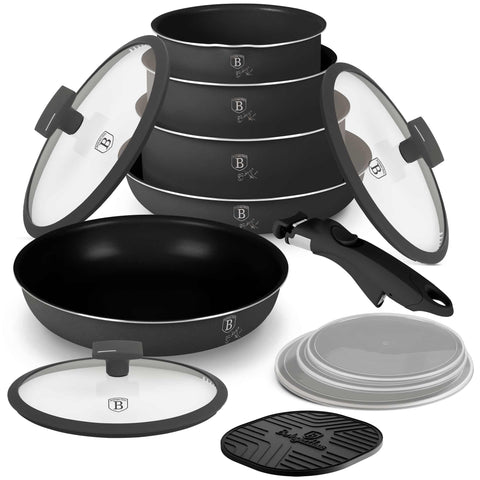 Product image of 13pcs cookware set. Part of the Anthracite Collection . Features: • Material: aluminum • Include: • STACKABLE - SPACE SAVING • Frypan Ø24*4,8 cm 1,7L • Frypan with (strainer) lid Ø28*5,2 cm 1,7 L • Sauce pan with .... (Studio view). Official Berlinger Haus product, boosted by Promintra sl.