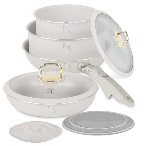 Product image of 10pcs cookware set. Part of the Sahara Collection . Features: • Material: aluminum • Include: • STACKABLE - SPACE SAVING • Frypan Ø20*4,5 cm 1,0L • Frypan Ø24*4,8 cm 1,7L • Sauce pan with mouth Ø16*7,5 cm 1,2L.... (Studio view). Official Berlinger Haus product, boosted by Promintra sl.