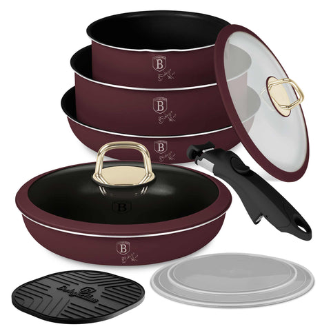 Product image of 9pcs cookware set. Part of the Leonardo Collection . Features: • Material: aluminum • Include: • STACKABLE - SPACE SAVING • Frypan Ø20*4,5 cm 1,0L • Frypan Ø24*4,8 cm 1,7L • Sauce pan with mouth Ø16*7,5 cm 1,2L.... (Studio view). Official Berlinger Haus product, boosted by Promintra sl.