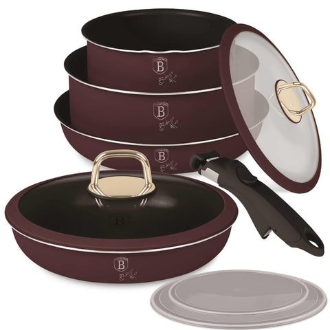 Product image of 10pcs cookware set. Part of the Leonardo Collection . Features: • Material: aluminum • Include: • STACKABLE - SPACE SAVING • Frypan Ø20*4,5 cm 1,0L • Frypan Ø24*4,8 cm 1,7L • Sauce pan with mouth Ø16*7,5 cm 1,2L.... (Studio view). Official Berlinger Haus product, boosted by Promintra sl.