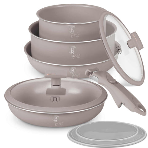 Product image of 9pcs cookware set. Part of the Taupe Collection . Features: • Material: aluminum • Include: • STACKABLE - SPACE SAVING • Frypan Ø20*4,5 cm 1,0L • Frypan Ø24*4,8 cm 1,7L • Sauce pan with mouth Ø16*7,5 cm 1,2L.... (Studio view). Official Berlinger Haus product, boosted by Promintra sl.