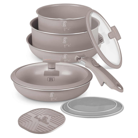 Product image of 10pcs cookware set. Part of the Taupe Collection . Features: • Material: aluminum • Include: • STACKABLE - SPACE SAVING • Frypan Ø20*4,5 cm 1,0L • Frypan Ø24*4,8 cm 1,7L • Sauce pan with mouth Ø16*7,5 cm 1,2L.... (Studio view). Official Berlinger Haus product, boosted by Promintra sl.
