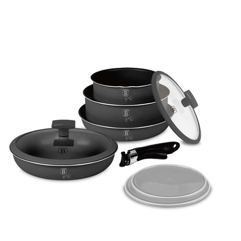 Product image of 9pcs cookware set. Part of the Anthracite Collection . Features: • Material: aluminum • Include: • STACKABLE - SPACE SAVING • Frypan Ø20*4,5 cm 1,0L • Frypan Ø24*4,8 cm 1,7L • Sauce pan with mouth Ø16*7,5 cm 1,2L.... (Studio view). Official Berlinger Haus product, boosted by Promintra sl.