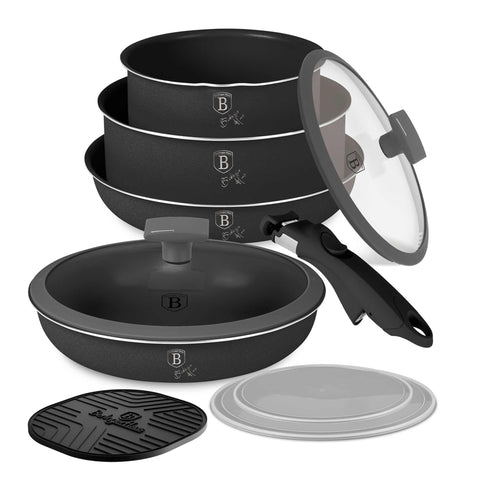 Product image of 10pcs cookware set. Part of the Anthracite Collection . Features: • Material: aluminum • Include: • STACKABLE - SPACE SAVING • Frypan Ø20*4,5 cm 1,0L • Frypan Ø24*4,8 cm 1,7L • Sauce pan with mouth Ø16*7,5 cm 1,2L.... (Studio view). Official Berlinger Haus product, boosted by Promintra sl.