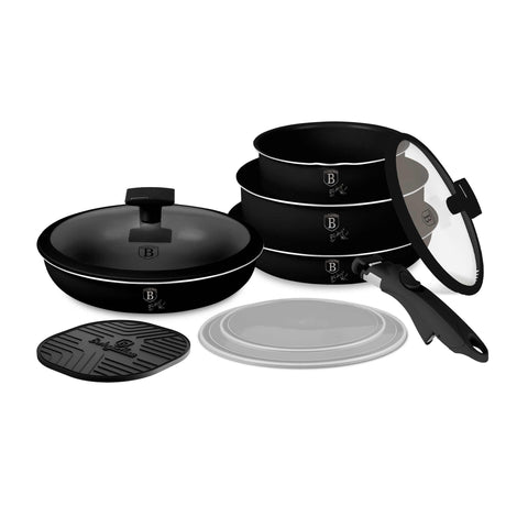 Product image of 9pcs cookware set. Part of the Matte Black Collection . Features: • Material: aluminum • Include: • STACKABLE - SPACE SAVING • Frypan Ø20*4,5 cm 1,0L • Frypan Ø24*4,8 cm 1,7L • Sauce pan with mouth Ø16*7,5 cm 1,2L.... (Studio view). Official Berlinger Haus product, boosted by Promintra sl.