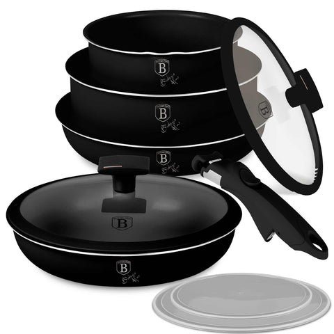 Product image of 9pcs cookware set. Part of the Monaco Collection . Features: • Material: aluminum • Include: • STACKABLE - SPACE SAVING • Frypan Ø20*4,5 cm 1,0L • Frypan Ø24*4,8 cm 1,7L • Sauce pan with mouth Ø16*7,5 cm 1,2L.... (Studio view). Official Berlinger Haus product, boosted by Promintra sl.